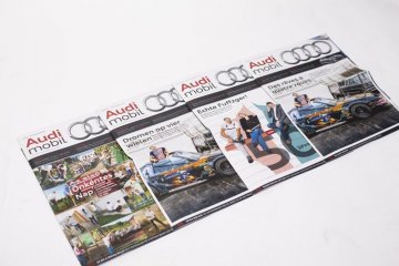 Das Mitarbeitermagazin „Audimobil“ hat eine Auflage von 74.000 und geht auch an Werksrentner. Es erscheint sieben Mal pro Jahr in vier Sprachen, mit vier verschiedenen Covern und individuellen Inhalten für die Standorte Ingolstadt, Neckarsulm, Brüssel und Györ in Ungarn. © Julia Nimke