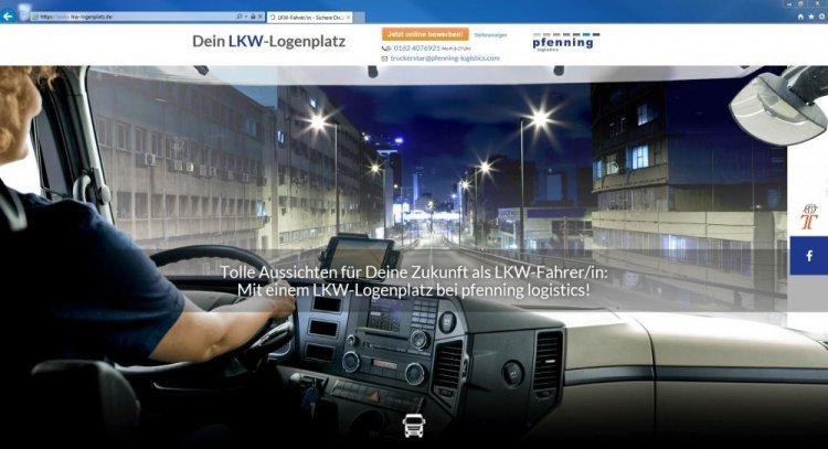 Die Landingpage der Online-Kampagne „Lkw-Logenplatz“. Hier werden die Hintergrundgeschichten der Lkw-Fahrer und die Stellenangebote veröffentlicht. Auf Facebook diskutiert die Trucker-Community über die Videos und Alltägliches aus dem Berufsalltag. (c) Screenshot